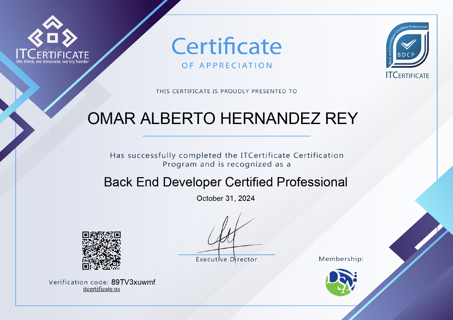 Back End Developer Certified Professional